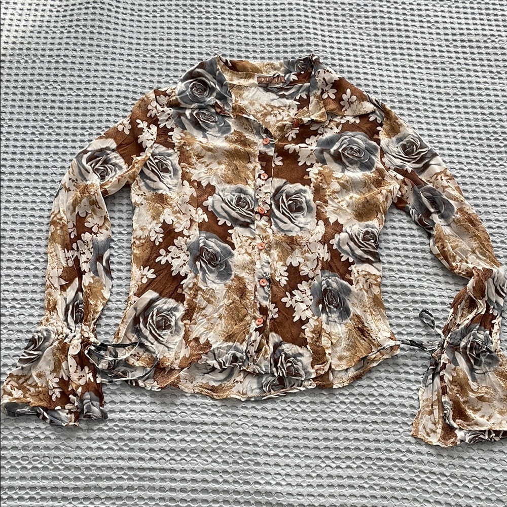 Brown and Blue Semi-Sheer Floral Blouse with Flared Open Cuffs and Ties